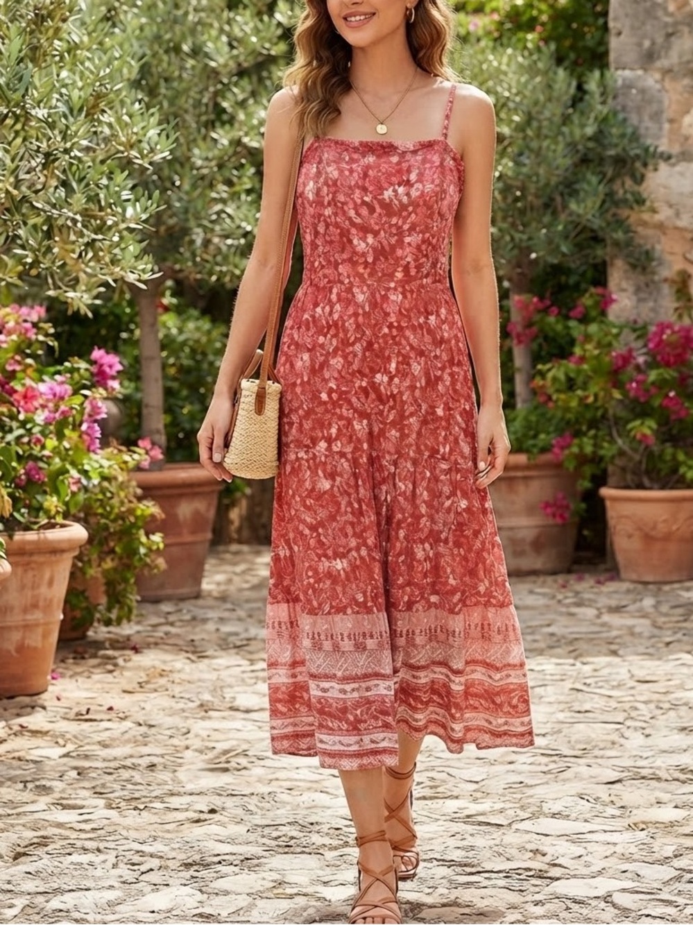 Knox Rose Rust Floral Tie-Strap Midi Dress